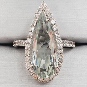 Montezuma Prasiolite & White Zircon Pear Shape Halo Ring In Platinum | Sterling